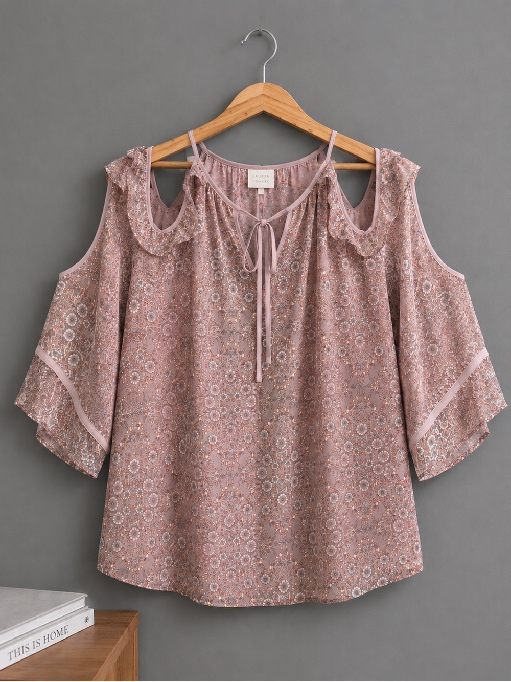 Lauren Conrad Pink Floral Cold Shoulder Blouse Small Boho Top